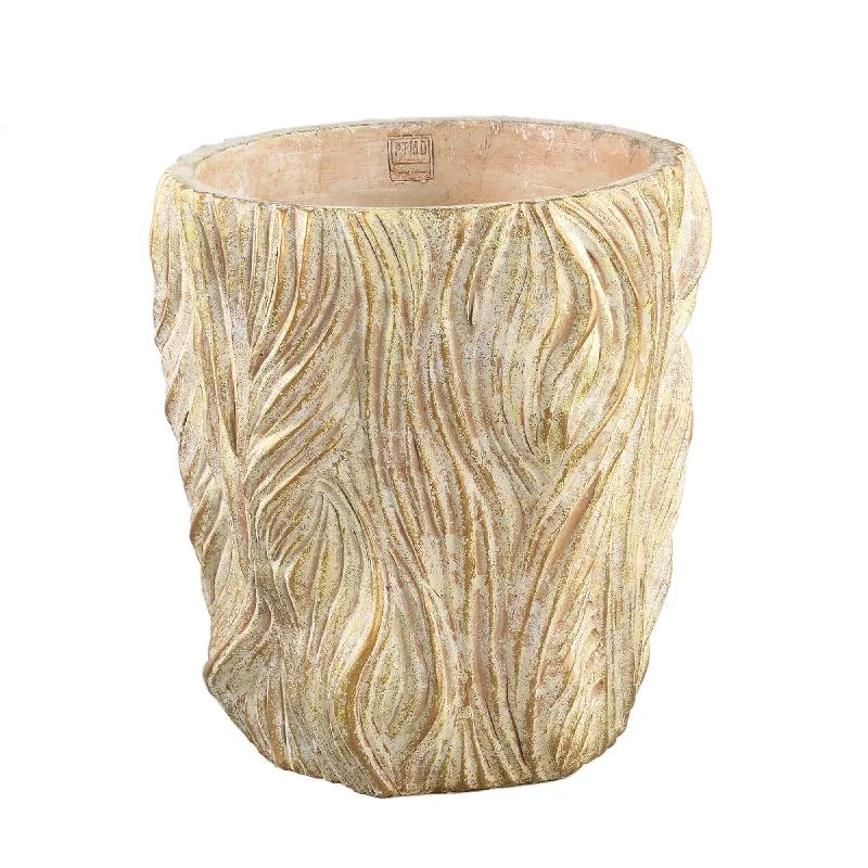 Blumentopf - Runder Zement, Wellenlinien, Creme, Niedrig, XXL – Alexio | PTMD