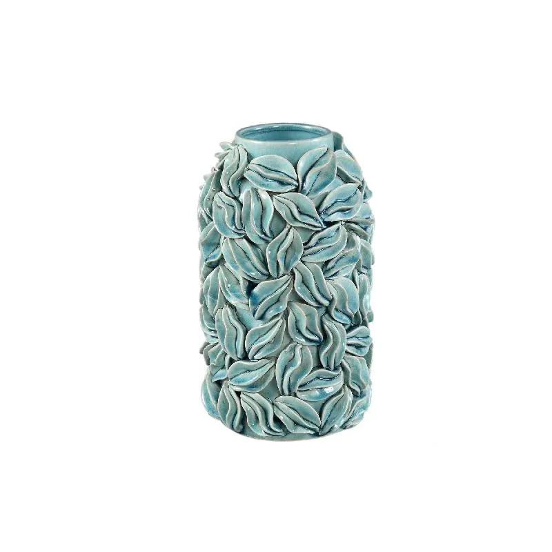 Topf – Blaue Farbe, Runde Form, Glasierte Oberfläche, Blattmotiv, Keramik, S – Zubeda | PTMD
