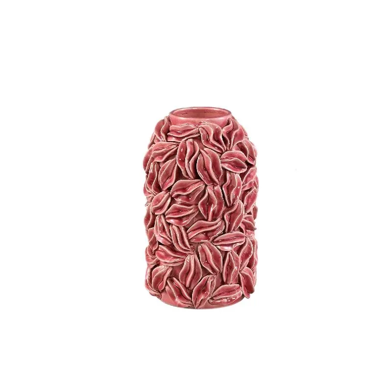 Topf – Rosa Farbe, Runde Form, Glasierte Oberfläche, Blattmotiv, Keramik, S – Zubeda | PTMD