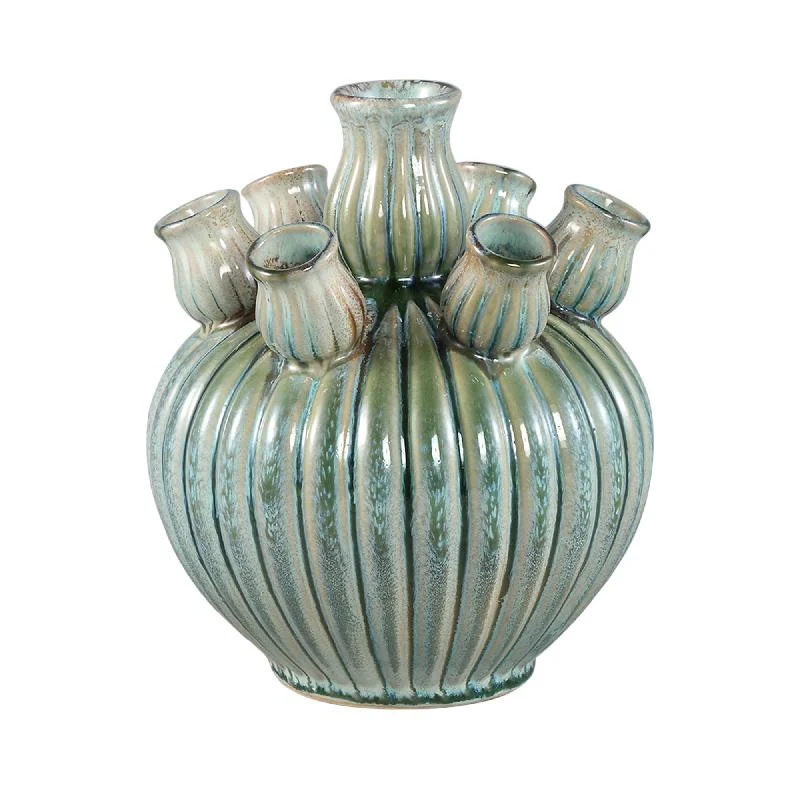 Vase – Geriffeltes Design, Keramik Material, Türkis Farbe, S – Nolou | PTMD
