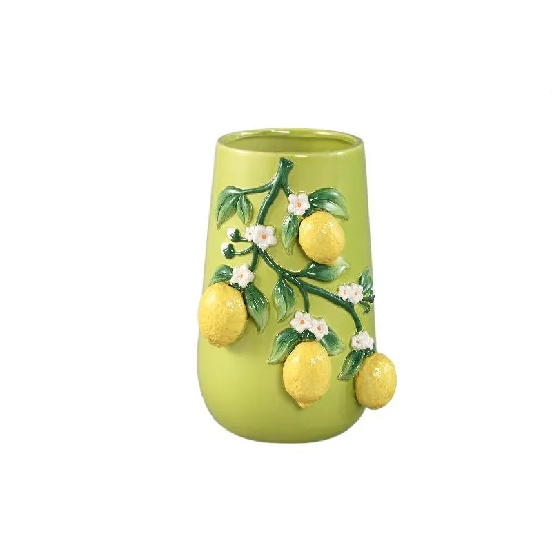 Vase – Grüne Farbe, Zitronenmotiv, Zweigdesign, Keramik, L – Stacy | PTMD