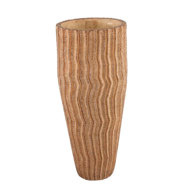 Blumentopf - Hoher runder Zement, Rillenmuster, Hellbraun, L – Zanaya | PTMD