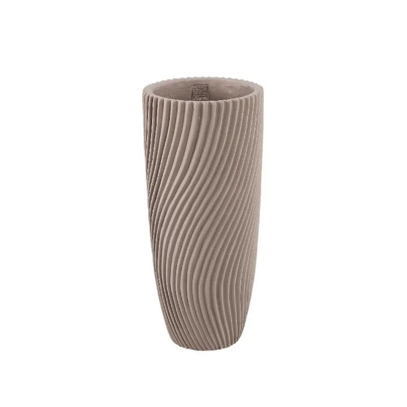 Vase – Runde Form, Linienmuster Design, Beige Oberfläche, Zement Material, M – Lianna | PTMD