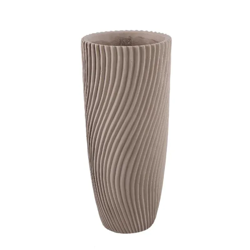 Vase – Runde Form, Linienmuster Design, Beige Oberfläche, Zement Material, L – Lianna | PTMD