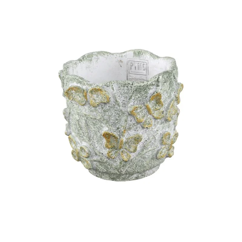Blumentopf – Runde Form, Zement Material, Schmetterling Muster, Grüne Oberfläche, M – Sterlin | PTMD