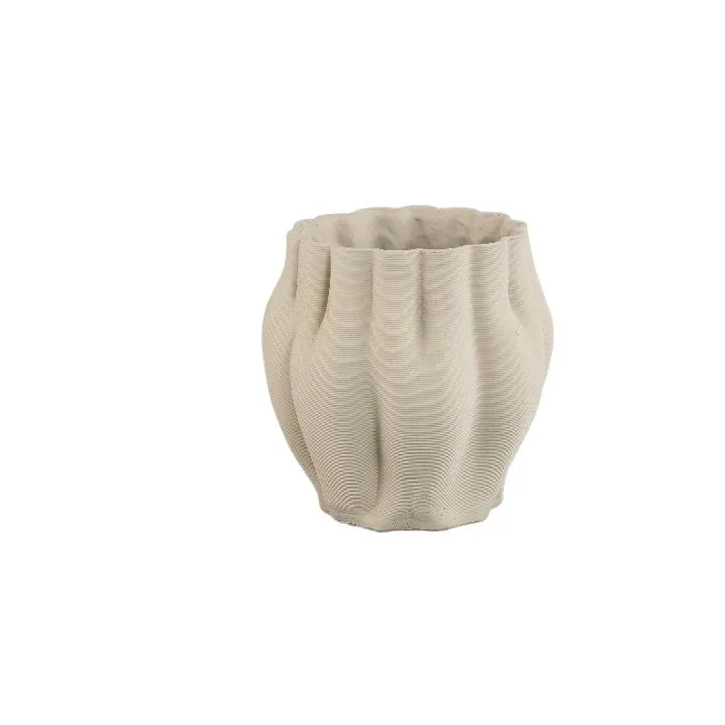 Topf – Beige Oberfläche, Wellenförmige Rillenstruktur, Zement Material, L – Romen | PTMD