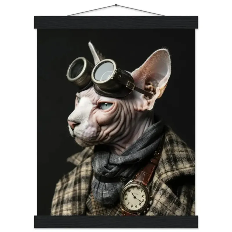Schulposter Männlicher Sphynx-Kater, Steampunk-Stil, antike messingfarbene Uhr, bronzefarbene Brille | St Tropez Art