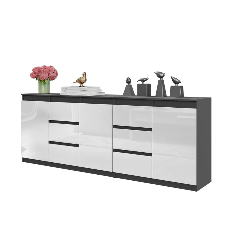 MIKEL - Kommode mit 6 Schubladen und 3 Türen - Schlafzimmer Kommode Aufbewahrungsschrank Sideboard - Anthrazit / Weiß Glanz