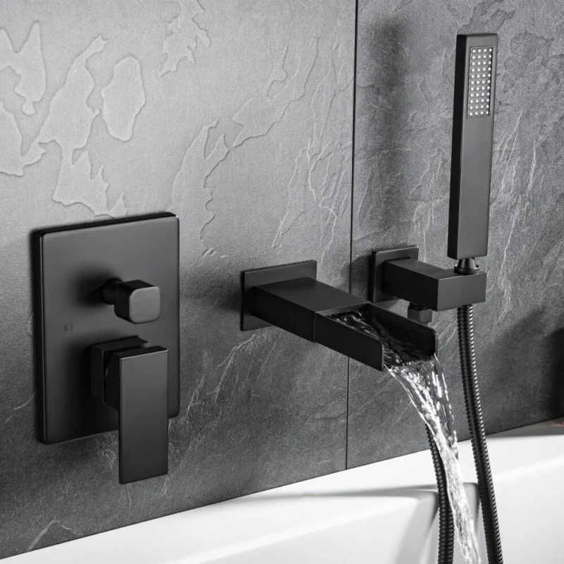 Waterfall Wall-Mounted Tub Faucet with Hand Shower, Matte Black