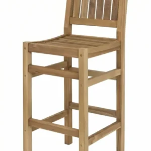 Barhocker in Teak mit vertikalem Sprossenrückenlehne, Gesamtansicht von vorne.