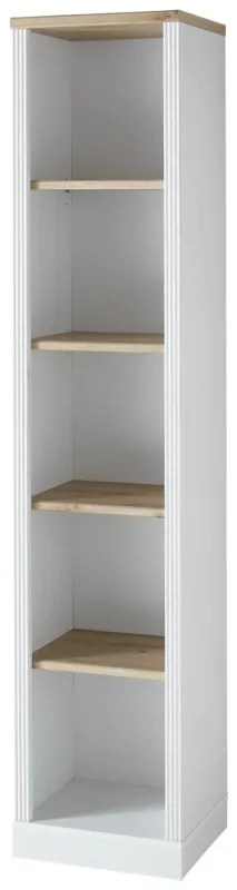 Regal Büroregal JASMIN Pinie weiß Nachbildung mit fünf Holzböden in Gesamtansicht von vorne.