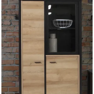 Highboard HIGH ROCK mit 3 Türen in Riviera Eiche Optik und Schwarz, Gesamtansicht mit offener Glastür.