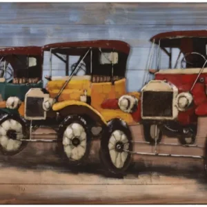 Wandbild Wanddekoration 3D Metallbild Oldtimer mit drei farbigen Vintage-Automobilen nebeneinander auf Holzuntergrund.