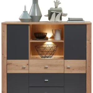 Highboard PABLO Artisan Eiche - Graphit mit graphiten Türen, hellen Holzschubladen und offenen Fächern.