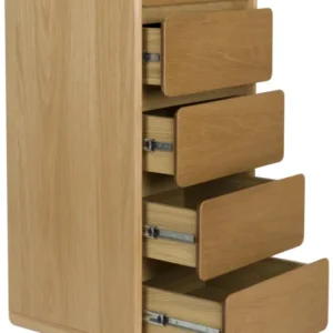 Schrank Kommode RISE Natural mit vier geöffneten Schubkästen aus Esche und Eiche, Gesamtansicht von vorne.