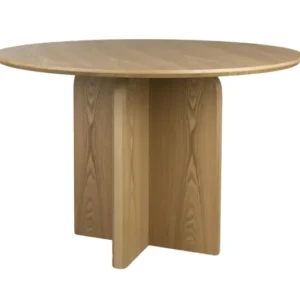 Runder Esstisch Laurent natural mit Eschenholz-Tischplatte und geometrischem Säulenfuß in Gesamtansicht.
