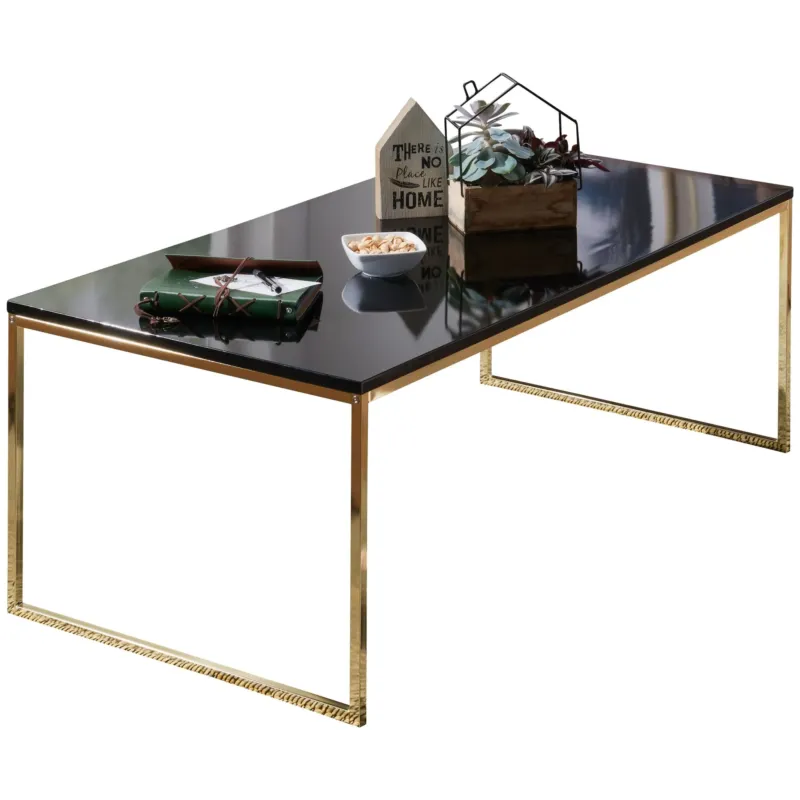 Couchtisch 120x45x60cm mit schwarzer Holzplatte und goldenen Metallbeinen, Gesamtansicht.