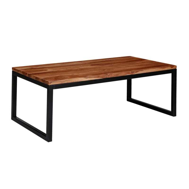 Couchtisch 110x40x60cm Sheesham in Gesamtansicht mit Holzplatte und schwarzem Metallgestell im Industrial Style.