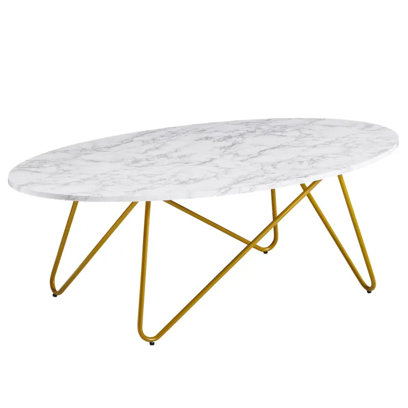 Couchtisch Oval 120x40x60cm Marmoroptik Weiß mit goldfarbenem Metallgestell in Gesamtansicht.