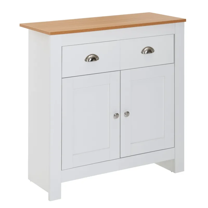 Sideboard 79x81x34,5cm Weiß Eiche Modern in Gesamtansicht mit Eichenplatte, weißem Korpus und zwei Türen.