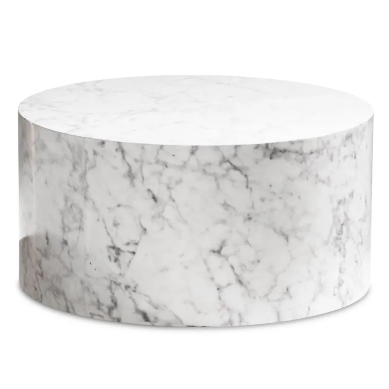Couchtisch MONOBLOC rund in Weiß mit Marmoroptik, Gesamtansicht von schräg oben.