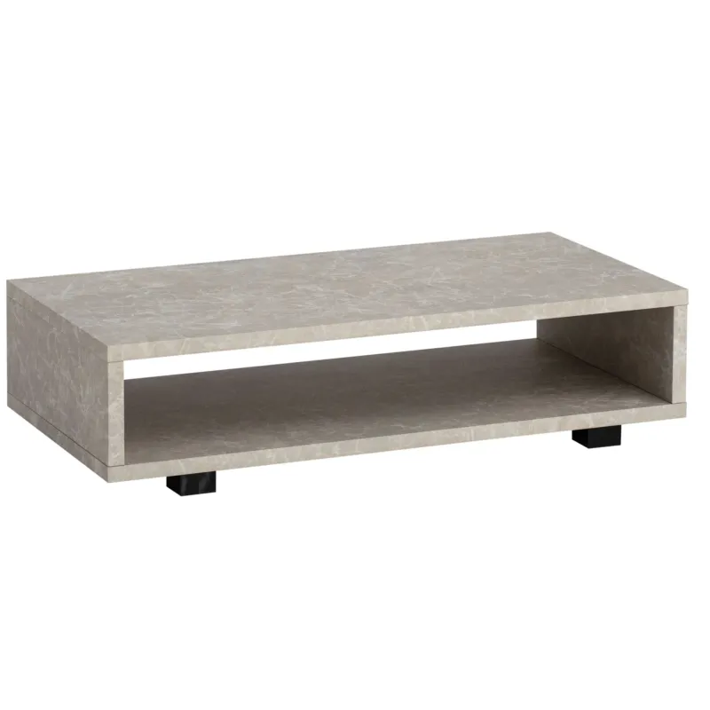 Couchtisch 100x50x25cm Sandfarben mit Stein-Optik, offener Ablage und schwarzen Füßen.