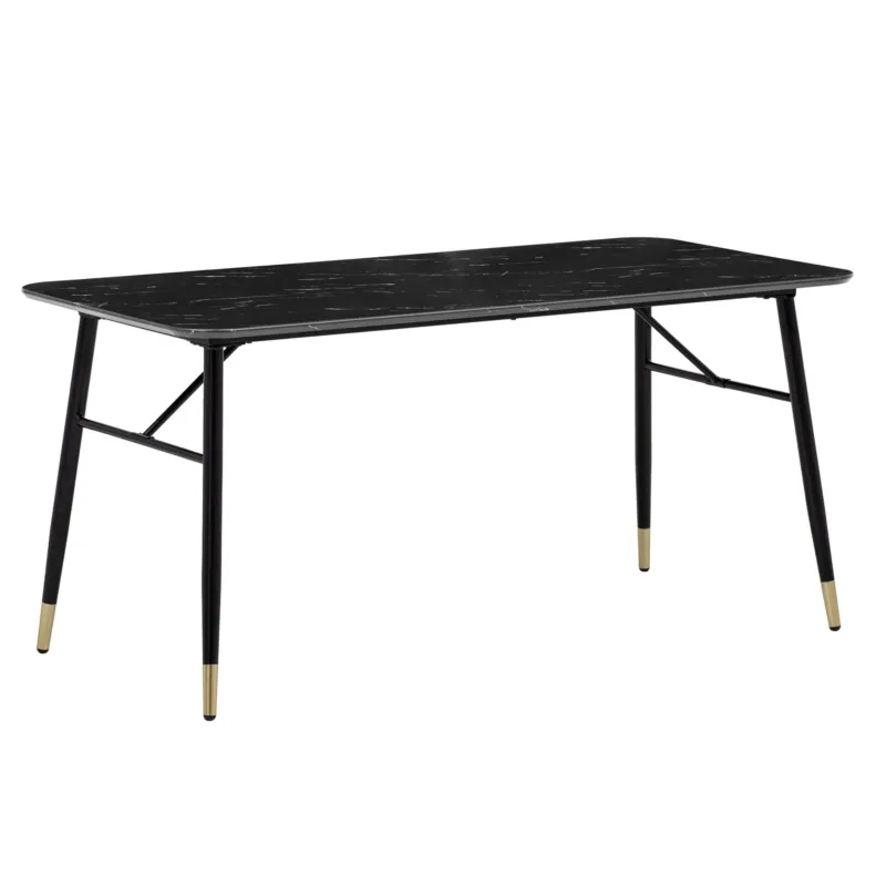 Esstisch 180x90 Marmor-Optik Schwarz mit schwarzen Metallbeinen und goldenen Fußkappen in Gesamtansicht.