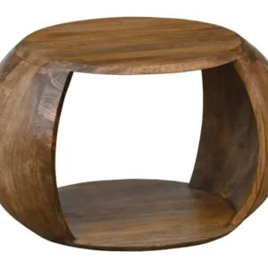 Couchtisch Mango Massivholz rund mit Ablagefach im Landhaus-Design, Gesamtansicht mit gewölbten Seitenwänden.