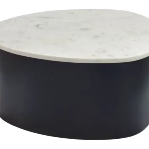 Couchtisch Marmor Weiß mit schwarzem Aluminiumgestell in organischer Form, Gesamtansicht.
