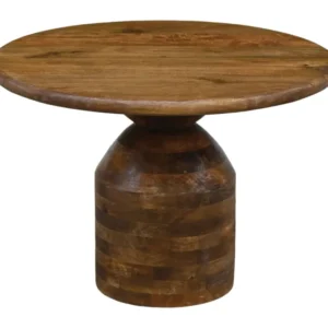 Couchtisch Mango Massivholz rund, 60 cm mit Säulenfuß in Gesamtansicht, runde Tischplatte auf zylindrischem Fuß.