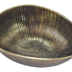 Obstschale Oval Gold aus Aluminium mit Rillen-Design, Gesamtansicht von oben mit strahlenförmigen Rillen im Inneren.