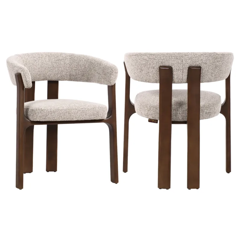 Esszimmerstuhl Contigo Mocca Fancy mit beigefarbenem Polsterbezug und dunklem Buchenholzgestell, Vorder- und Rückansicht.