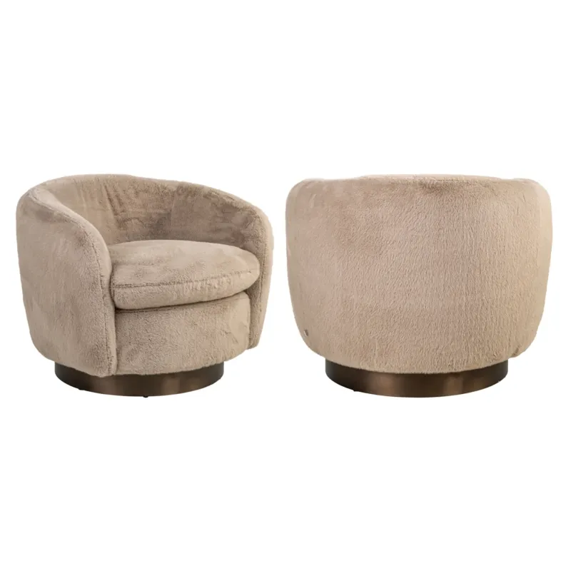 Lounge Stuhl Colmar khaki fluffy mit Drehfunktion von vorne und hinten, rundes Metallgestell, flauschiger Bezug.