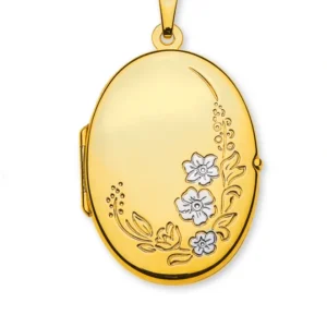Anhänger Medaillon Gelbgold 750 oval mit rhodinierten Blumen