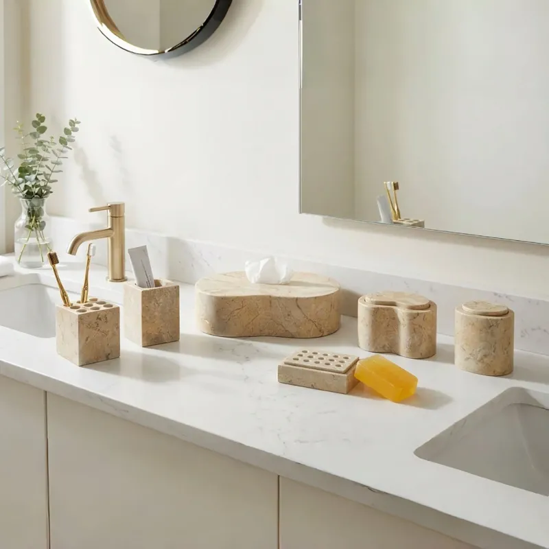 Beige Natural Marble 6-Piece Bathroom Accessories Set