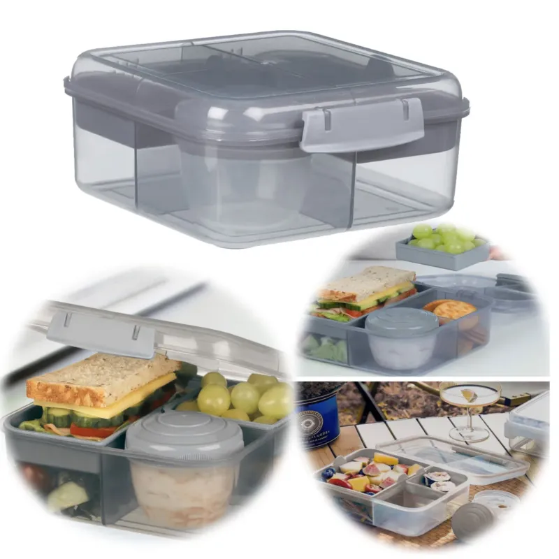 KI-generiertes Bild Bento Box Lunchbox Kunststoff Grau 3 Fächer 2 Ebenen Frühstücksbox Brotdose
