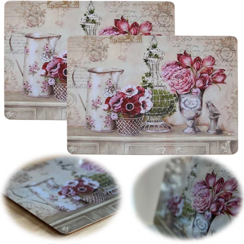 KI-generiertes Bild 2x Kork Tischset Platzset Vintage Blumen 40x30cm abwaschbar Rechteck Platzmatte