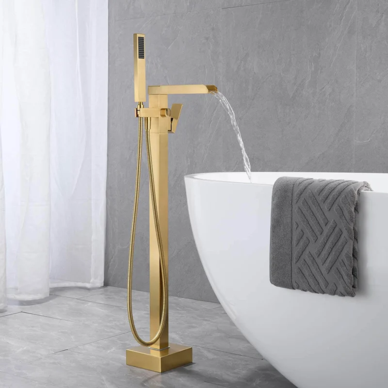 Brushed Gold Waterfall Freestanding Bathtub Faucet with Hand Shower