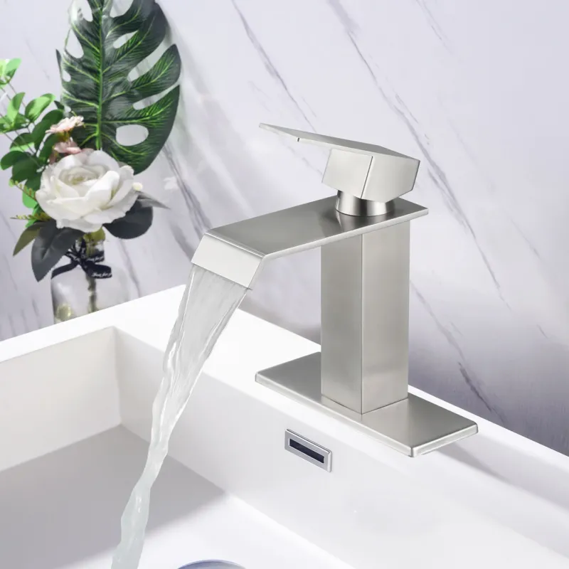Brushed Nickel Stainless Steel Single Handle Waterfall Bathroom Faucet