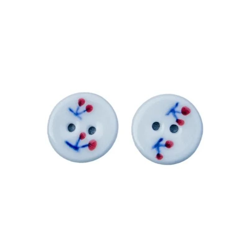 18mm Handmade Round 2-Hole Ceramic Buttons with Red Cherry Pattern 6PCS