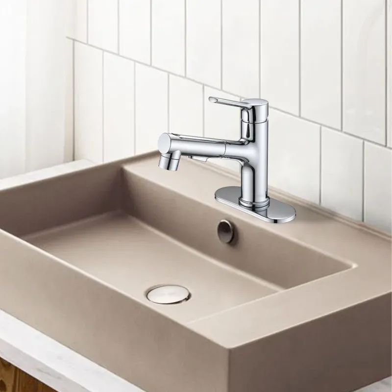 Chrome Pull-Down Bathroom Faucet with Pop-Up Drain and Deck Plate