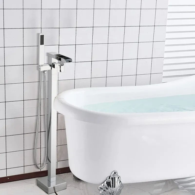 Chrome Waterfall Freestanding Bathtub Faucet with Hand Shower