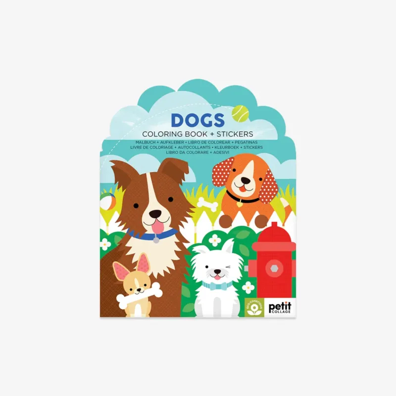 Coloring book and stickers set with cartoon dogs on a light blue background