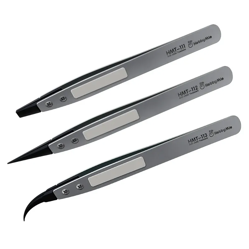 HobbyMio ESD Tweezers Set of 3 – Wide Narrow Curved Tip Gundam Model Tool