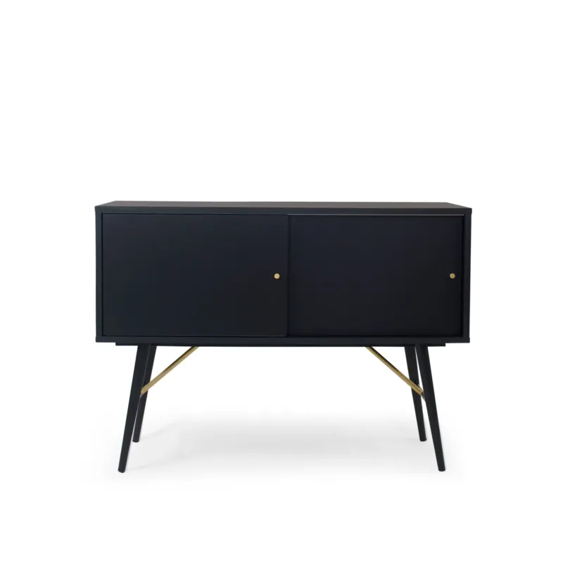 Sideboard – Matt Schwarzes Eichenfurnier, Schiebetür-Design, Metallbeine mit Messingdetails – Dawn | Njordec