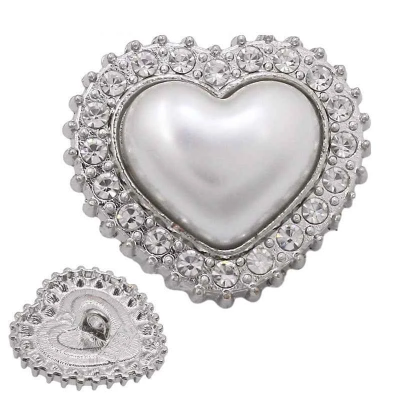 Gold Silver Heart-Shaped Pearl Rhinestone Metal Shank Buttons 20pcs Silver