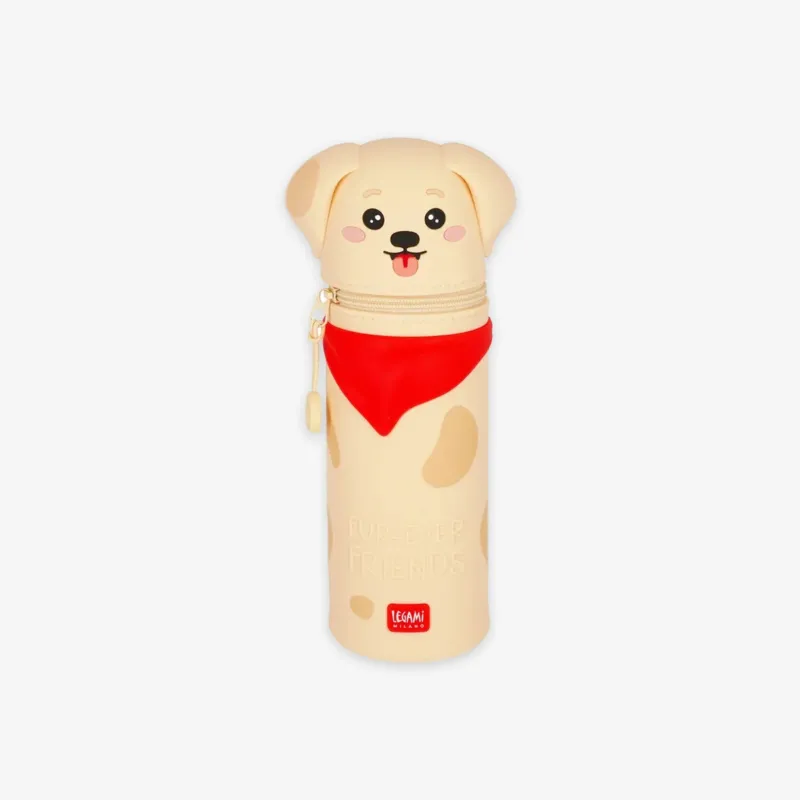Dog-shaped 2-in-1 pencil case with a red bandana on a white background