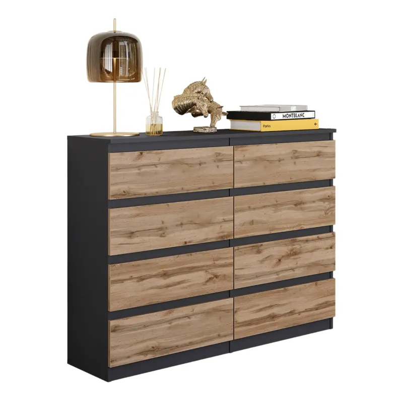 GABRIEL - Kommode / Sideboard mit 8 Schubladen - Anthrazit Grau / Wotan Eiche H92cm B120cm T33cm – Furnica