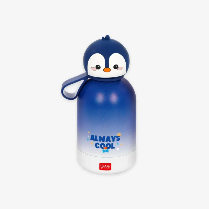 A blue and white insulated water bottle with a penguin character on the lid and the words 'ALWAYS COOL' printed on the front, shown on a light gray background.