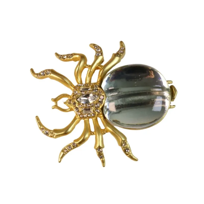 Rhinestone-Encrusted Spider Brooch with Genuine Gold Plating
